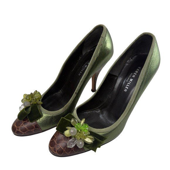 Karen Millen Shoes - Karen Millen Green Metallic Crocodile Embossed Heels Size 37.5 US 6.5 Velvet Bow